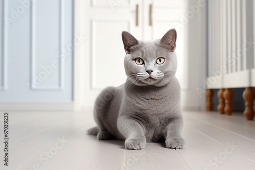  serene gray cat rests on the floor in a tranquil room, exuding a sense of calm