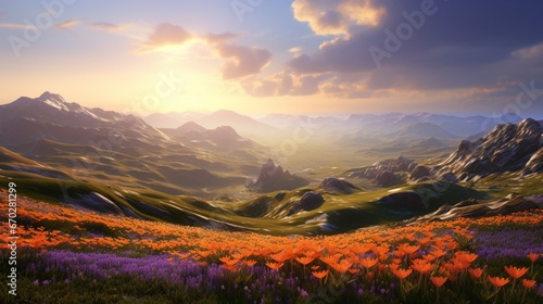 A mesmerizing sunlit saffron landscape  featuring rolling hills covered in vivid saffron flowers.