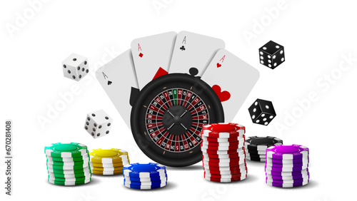 Poster with chips, dice, roulette and poker cards on a white background. A concept for a casino.