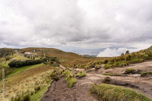 Beautiful view of the volcanoes from the top of the Pichincha volcano in the capital of Ecuador, Quito.