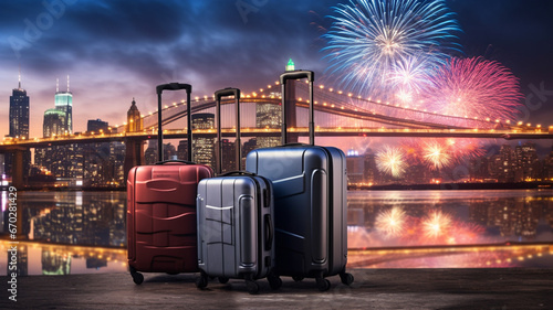 Travel suitcases and fireworks in the background of the New York City skyline generativa IA