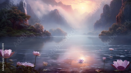 Paint a scene of Mystic Moonflowers rising above a misty lake, their presence ethereal and captivating in 8K beauty.