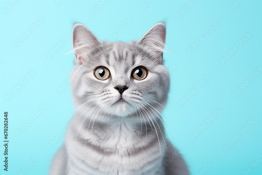 The portrait of a lovely orange  gray  kitten  cat isolated on the blue background shot in the studio, Generative AI.