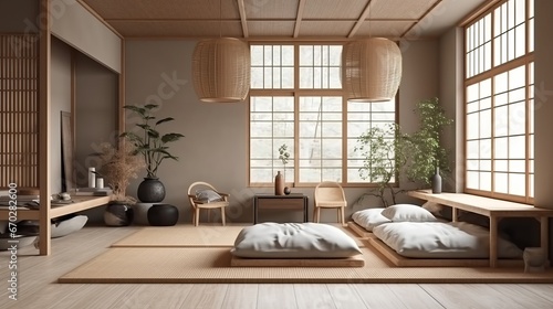 Home mockup living room in Japandi style  3d render. Decor concept. Real estate concept. Art concept.
