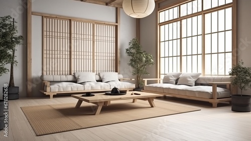 Home mockup living room in Japandi style, 3d render. Decor concept. Real estate concept. Art concept.