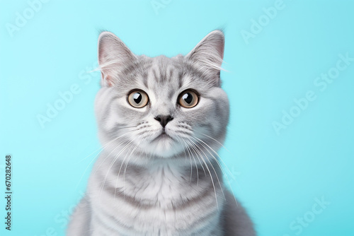 The portrait of a lovely orange gray kitten cat isolated on the blue background shot in the studio, Generative AI.