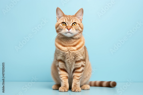 The portrait of a lovely orange  gray  kitten  cat isolated on the blue background shot in the studio, Generative AI. © Surachetsh