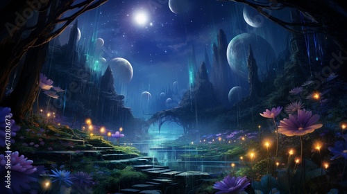 Picture a mystical garden, with luminous Mystic Moonflowers blooming under a starry sky in photo
