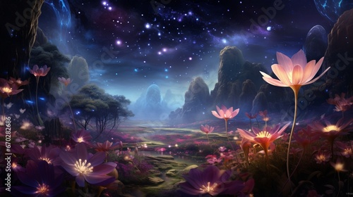Picture a mystical garden  with luminous Mystic Moonflowers blooming under a starry sky in