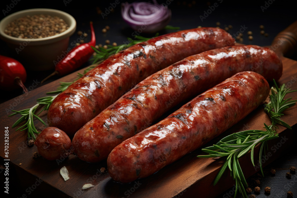 Fried sausage. delicious dish of German cuisine. grilled meat delicacy made from pork or beef. food on a dark background Fried sausage. delicious dish of German cuisine. grilled meat delicacy made from pork or beef. food on a dark background