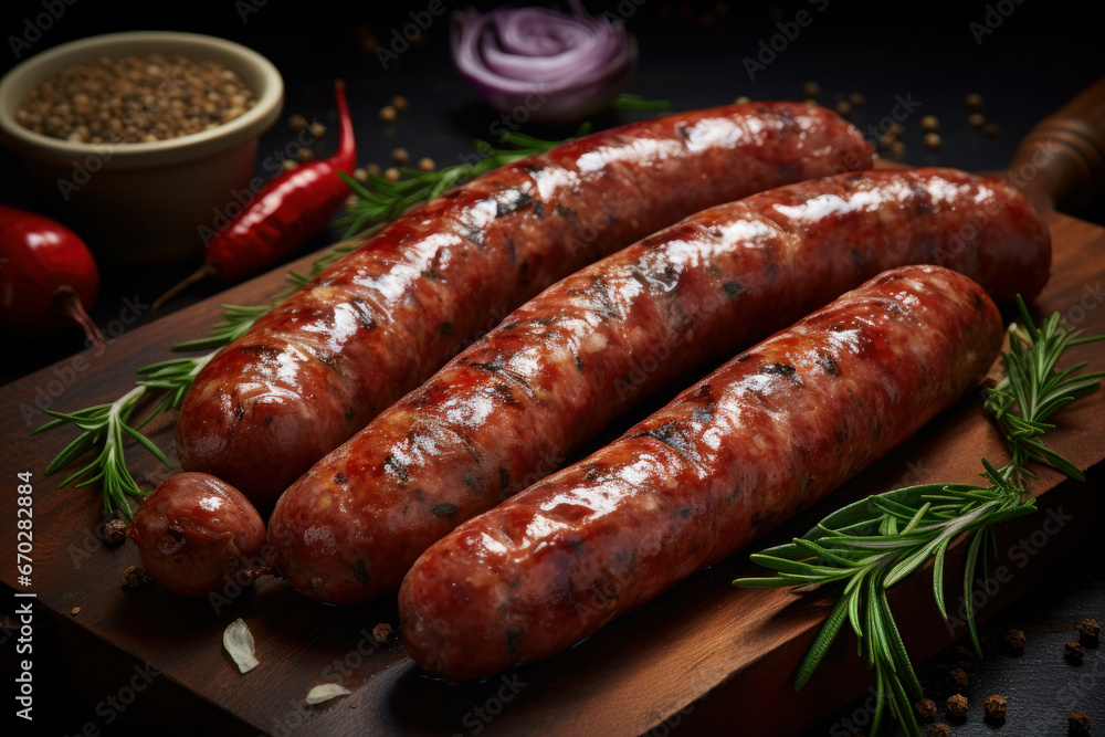 Fried sausage. delicious dish of German cuisine. grilled meat delicacy made from pork or beef. food on a dark background