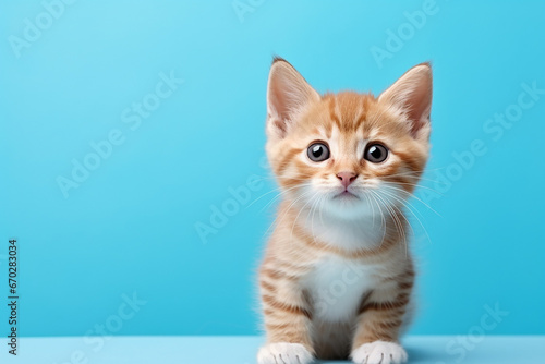 The portrait of a lovely orange  gray  kitten  cat isolated on the blue background shot in the studio, Generative AI. © Surachetsh