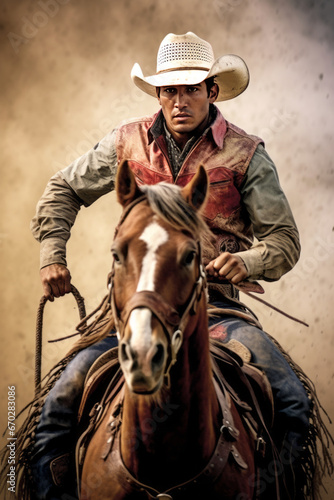 Rodeo bronc rider action shot photograph, looking at camera highly detailed