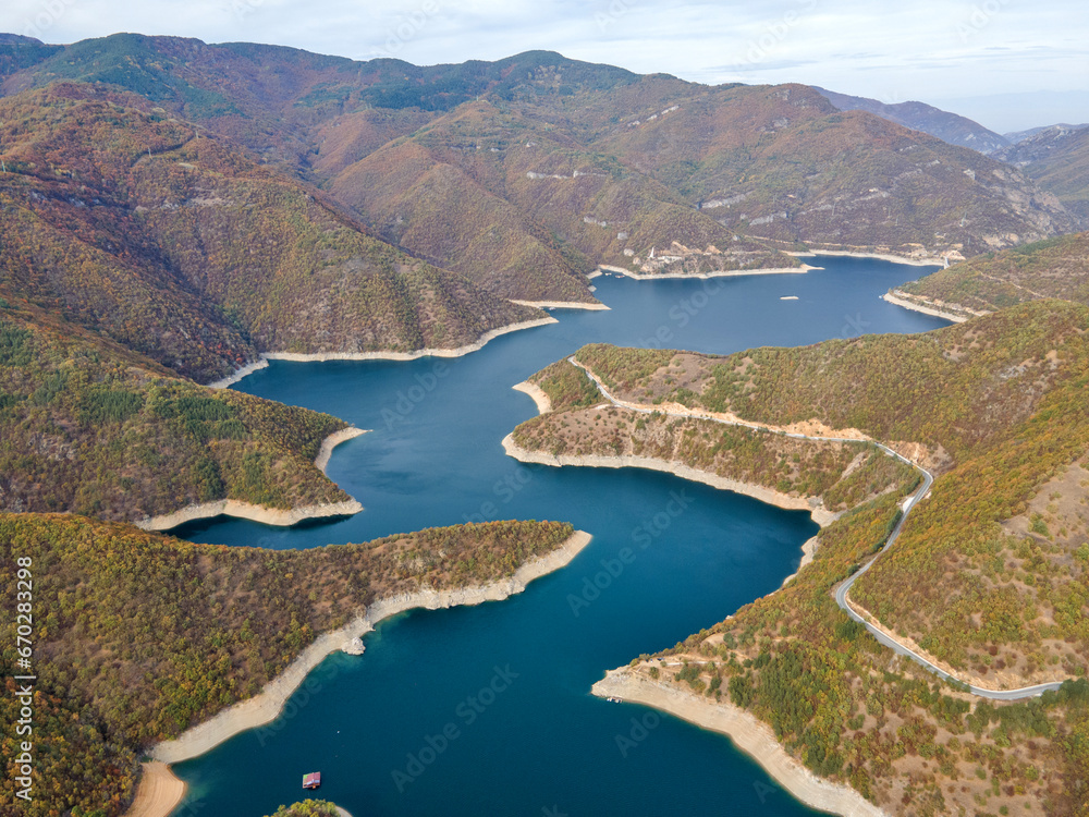 Aerial view of Vacha Reservoir, Rhodope Mountains, Bulgaria