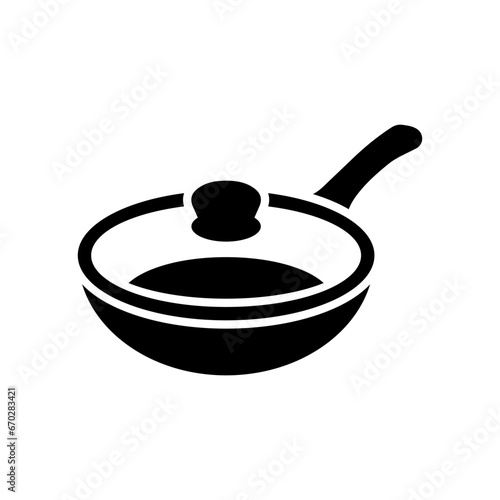 Frying pan icon. Non-stick frying pan with lid. Vector icon isolated on white background.
