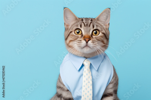 The portrait of a lovely orange  gray cat wearing a neatly suit and necktie isolated on the blue background shot in the studio, Generative AI. © Surachetsh