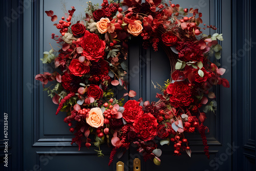 Christmas wreath on the front door, adorned with vibrant ornaments, welcoming the holiday spirit. © JEROSenneGs