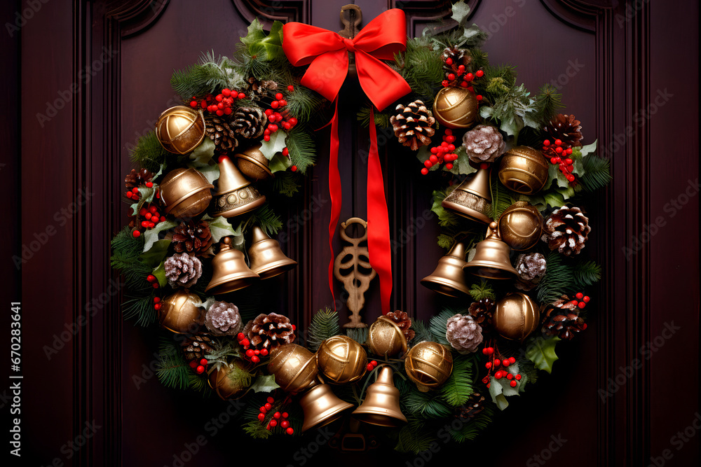 Christmas wreath on the front door, a symbol of joy and goodwill for a festive home. Christmas wreath on the front door, a symbol of joy and goodwill for a festive home.
