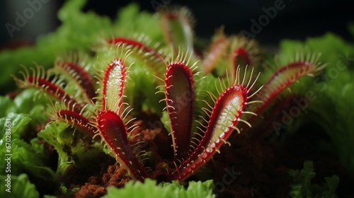 A close-up of a Venus Flytrap's open trap, showing its vibrant green color and fine details in photo