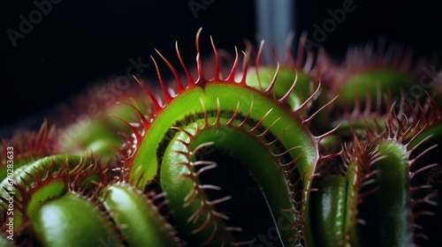 A close-up of a Venus Flytrap's open trap, showing its vibrant green color and fine details in photo