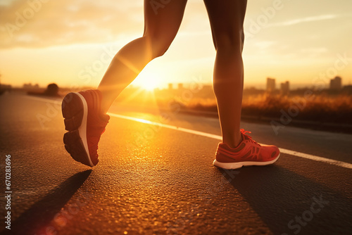 The close up of a runner’s feet, wearing sport sneakers, is running on the street in the evening. Generative AI.