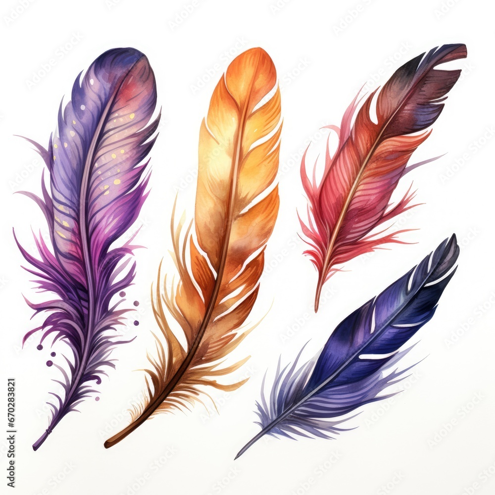 Obraz premium Watercolor multicolored rich bright feathers, dream catcher, isolated feather for different designs.