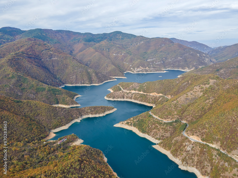 Aerial view of Vacha Reservoir, Rhodope Mountains, Bulgaria