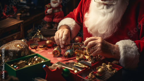 Close up of white santa working in his shop on toys 