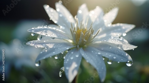 A close-up of dew-kissed "Ethereal Edelweiss" petals glistening in the morning mist.