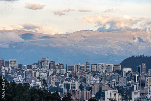 Beautiful view of the Ecuadorian capital city of Quito at sunset.
