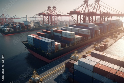 Container ship operating at port for logistics, 3D rendering. Generative AI