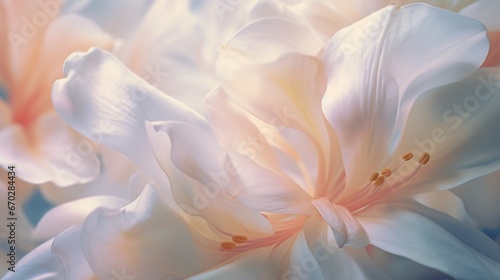 A close-up of opalescent oleander petals  capturing their intricate texture and delicate colors in the soft daylight.