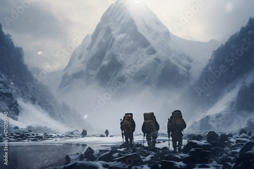 A distant photo of a group of tourist mountaineers and their guide are standing on a rock in front of a mountain lake with thick coats on a in snow covered mountain hill with trails of footsteps in a 