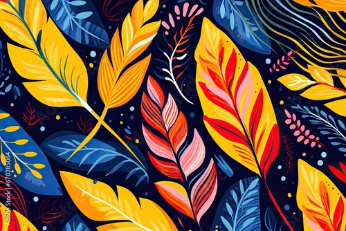 Modern exotic foliage botanical tropical leaves and floral pattern. Abstract jungle nature on dark background. Contemporary cartoon style. Design for print, poster, banner, wallpaper, textile