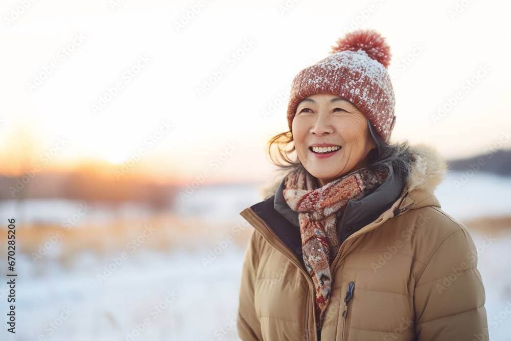 A senior asian woman is walking happily with a winter coat and a winter hat in a in snow covered country landscape during sunset in winter while snowing A senior asian woman is walking happily with a winter coat and a winter hat in a in snow covered country landscape during sunset in winter while snowing