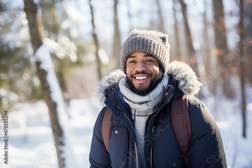 A young african american male is walking happily with in a winter coat with a winter hat in a in snow covered forest during day in winter on a bright and sunny day © pangamedia