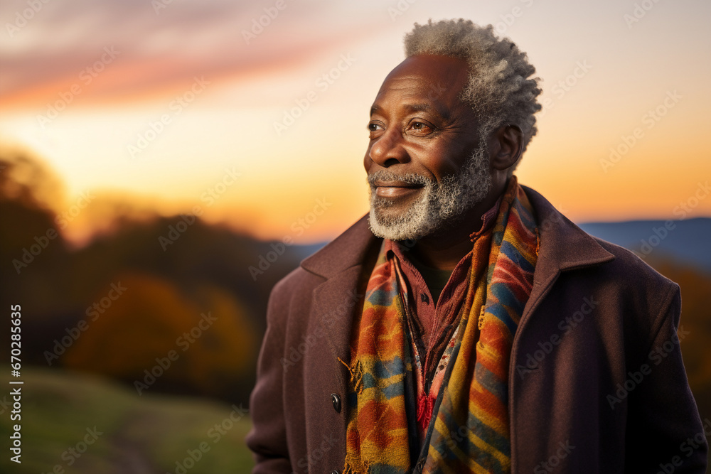 A senior african american man is posing in front of the camera happily with an autumn coat in a country landscape during sunset in autumn with a vibrant coloration A senior african american man is posing in front of the camera happily with an autumn coat in a country landscape during sunset in autumn with a vibrant coloration