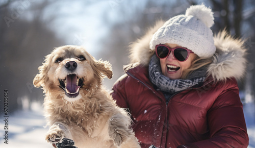 A senior latin woman is playing happily with the dog in the snow with a winter coat and winter hat in a in snow covered country landscape during day in winter on a bright sunny day