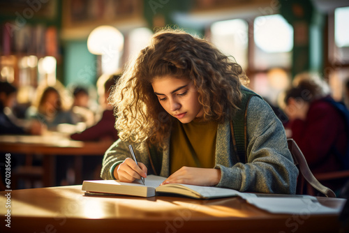 A young female latin student is studying concentrated with a book in a busy school library on a table while writing in a notebook