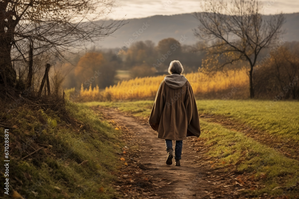 A senior latin woman is walking happily with an autumn coat in a country landscape during sunset in autumn with no leaves on the trees