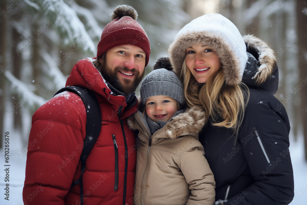 A happy caucasian family is posing playfully in front of the camera with winter coats and wearing winter hats in a in snow covered forest during a bright day in winter on a sunny day