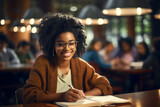 A senior female african american student is studying while wearing glasses with a book in a busy school library on a table while writing in a notebook