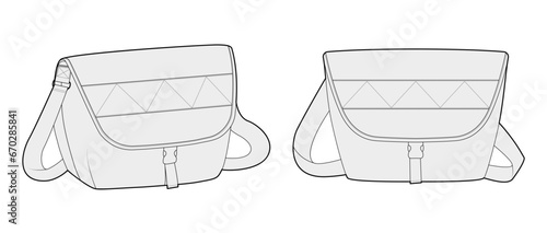 Courier Carryall Messenger Bag silhouette. Fashion accessory technical illustration. Vector satchel front 3-4 view for Men, women, unisex style, flat handbag CAD mockup sketch outline isolated