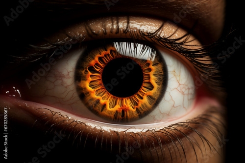 A close up of a female human eye: is a stunning photo macro with of an eyeball with a brown iris and a dark skin : a detailed eyeball close up
