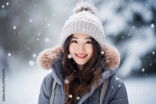 A young asian woman is posing in front of the camera happily with a winter coat and a winter hat in a in snow covered country landscape during day in winter while snowing © pangamedia