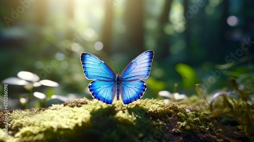 A close-up view of a Butterfly Bluet's iridescent wings glistening in the soft sunlight. photo