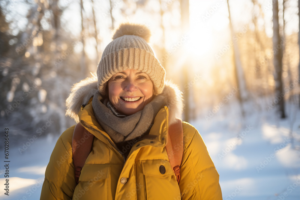 A senior latin woman is posing in front of the camera happily with a winter coat and a winter hat in a in snow covered forest during sunset in winter on a bright day A senior latin woman is posing in front of the camera happily with a winter coat and a winter hat in a in snow covered forest during sunset in winter on a bright day