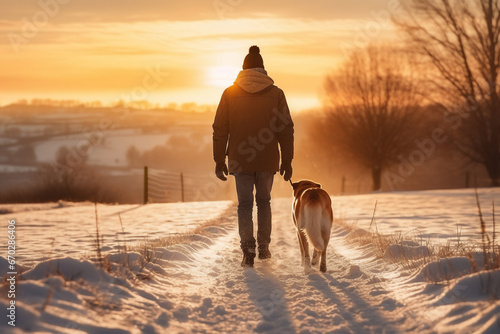A young asian male is walking happily with the dog with in a winter coat with a winter hat in a in snow covered country landscape during sunset in winter on a bright sunny day © pangamedia