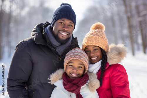 A happy african american family is posing playfully in front of the camera with winter coats and wearing winter hats in a in snow covered country landscape during a bright day in winter while snowing © pangamedia