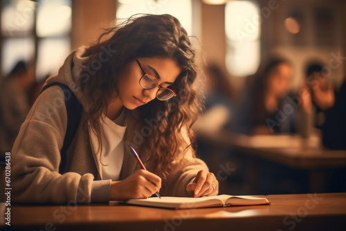 A senior female latin student is studying while wearing glasses with a book in a busy school library on a table while writing in a notebook